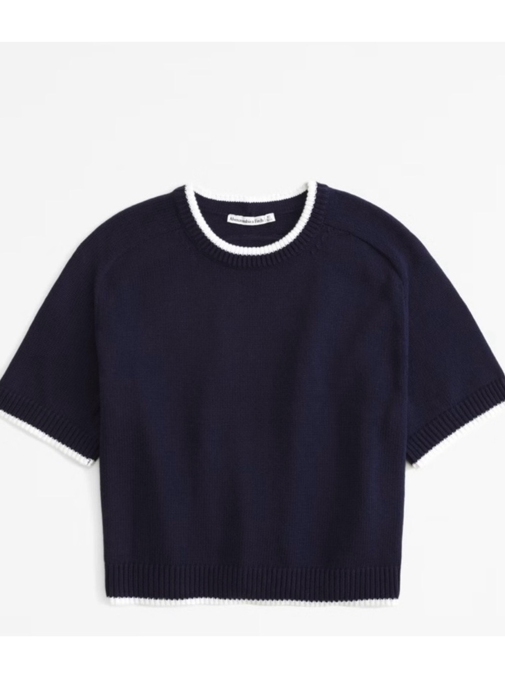 Abercrombie Navy Short-Sleeve Crewneck Sweater with White Trim - Picture 1 of 3
